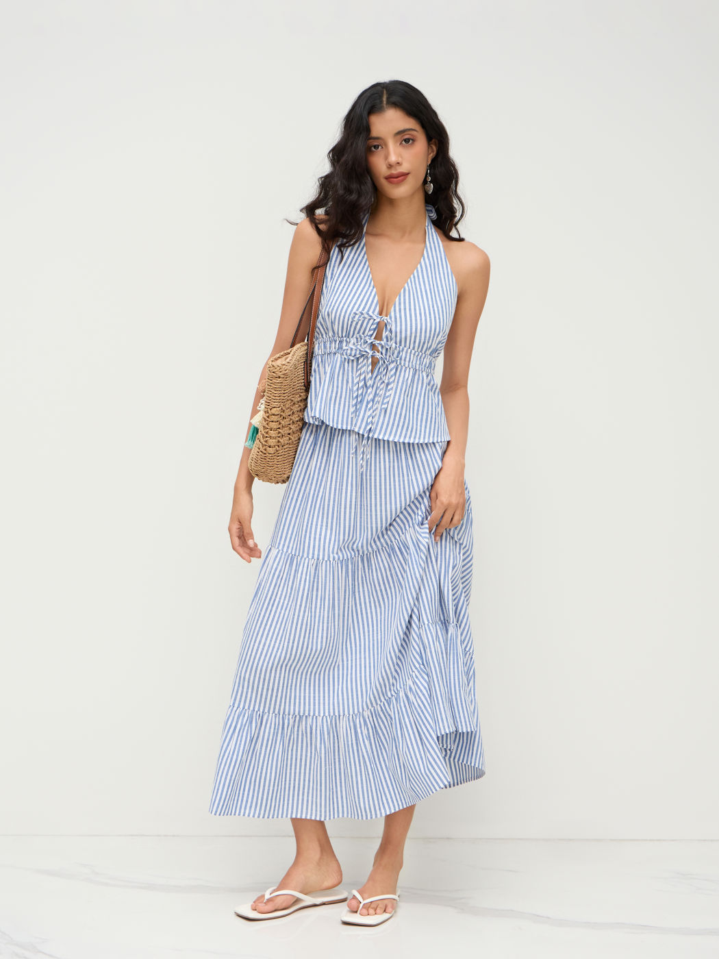 Cotton-blend Halter Neckline Stripe Tie Front Shirred Top & Mid Rise Elastic Waist Ruffle Maxi Skirt Set