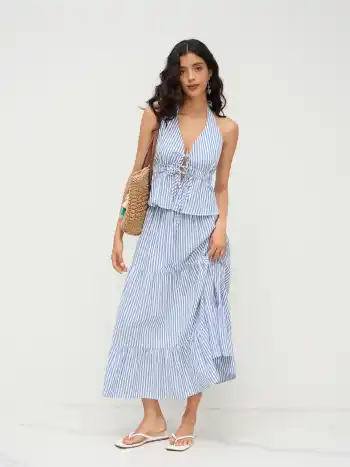 Baumwollmischung Halter-Halslinie Streifen Binde-Front Shirred Oberteil & Mittelhohe elastische Taille Rüschen Maxi-Skirt Set