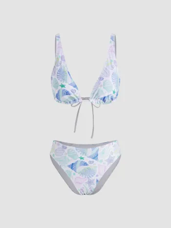 V-Ausschnitt Muschel-Grafik Dreieck Cheeky Bikini-Set