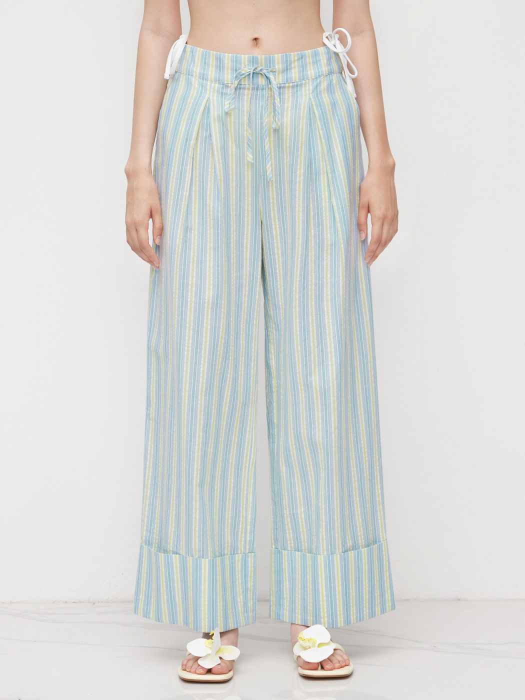 Cotton-blend Mid Rise Stripe Drawstring Roll Hem Wide Leg Trousers