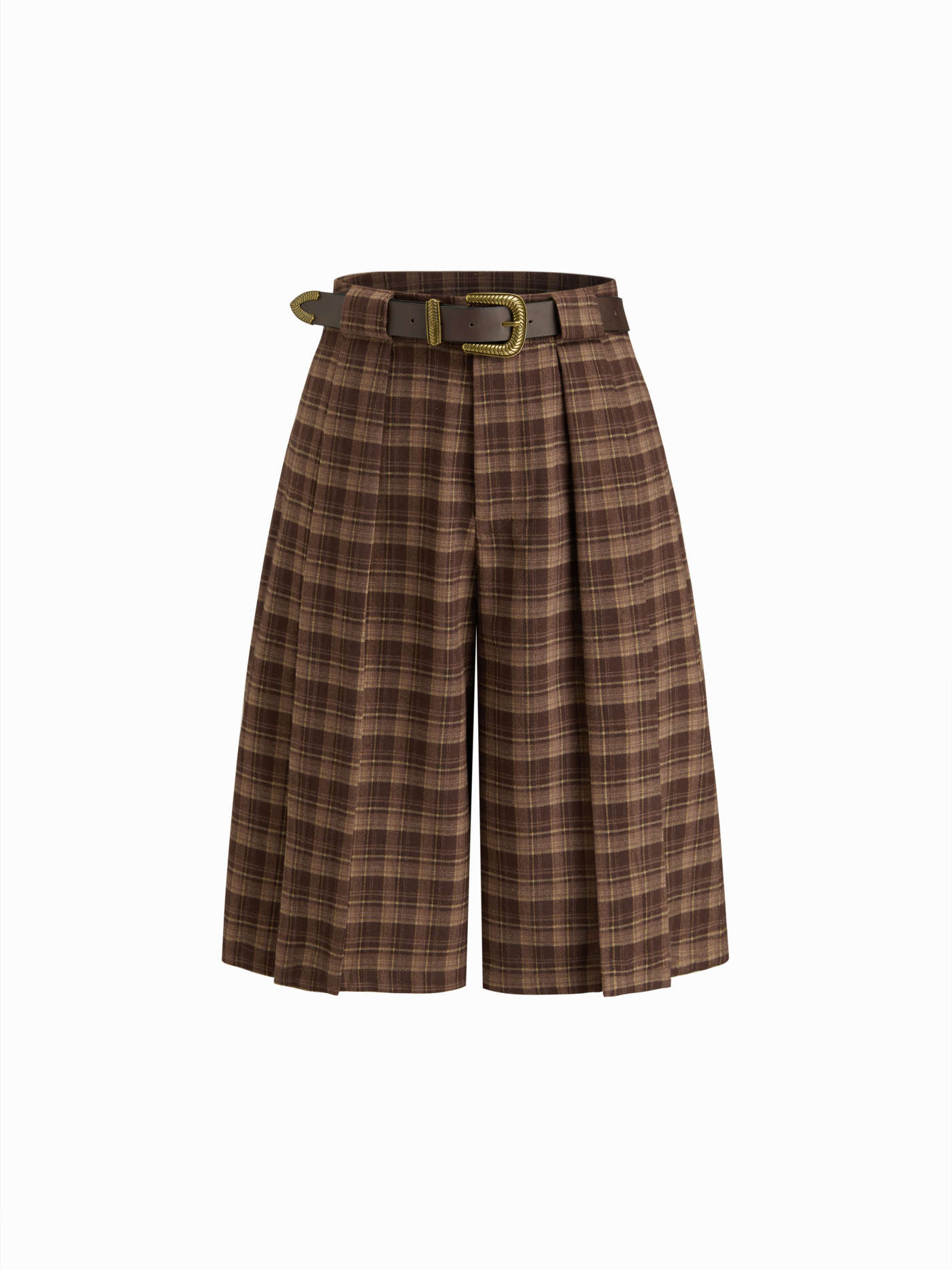 Tartan Mid Rise Pleated Bermuda Shorts With Belt