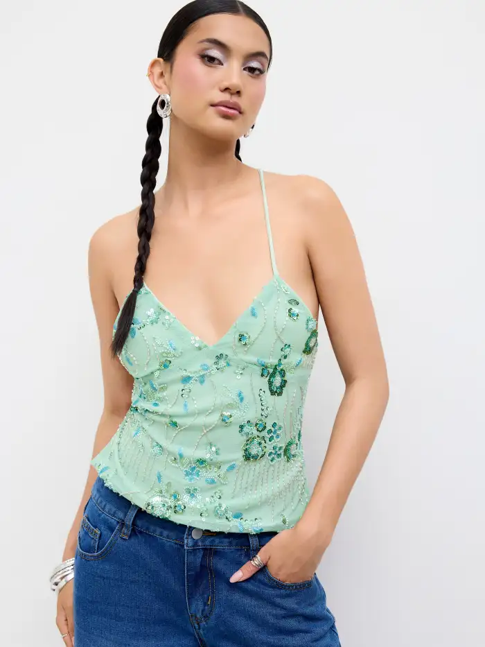 Sequined V-Ausschnitt Blumen-Design Rückenfreies Camisole Oberteil