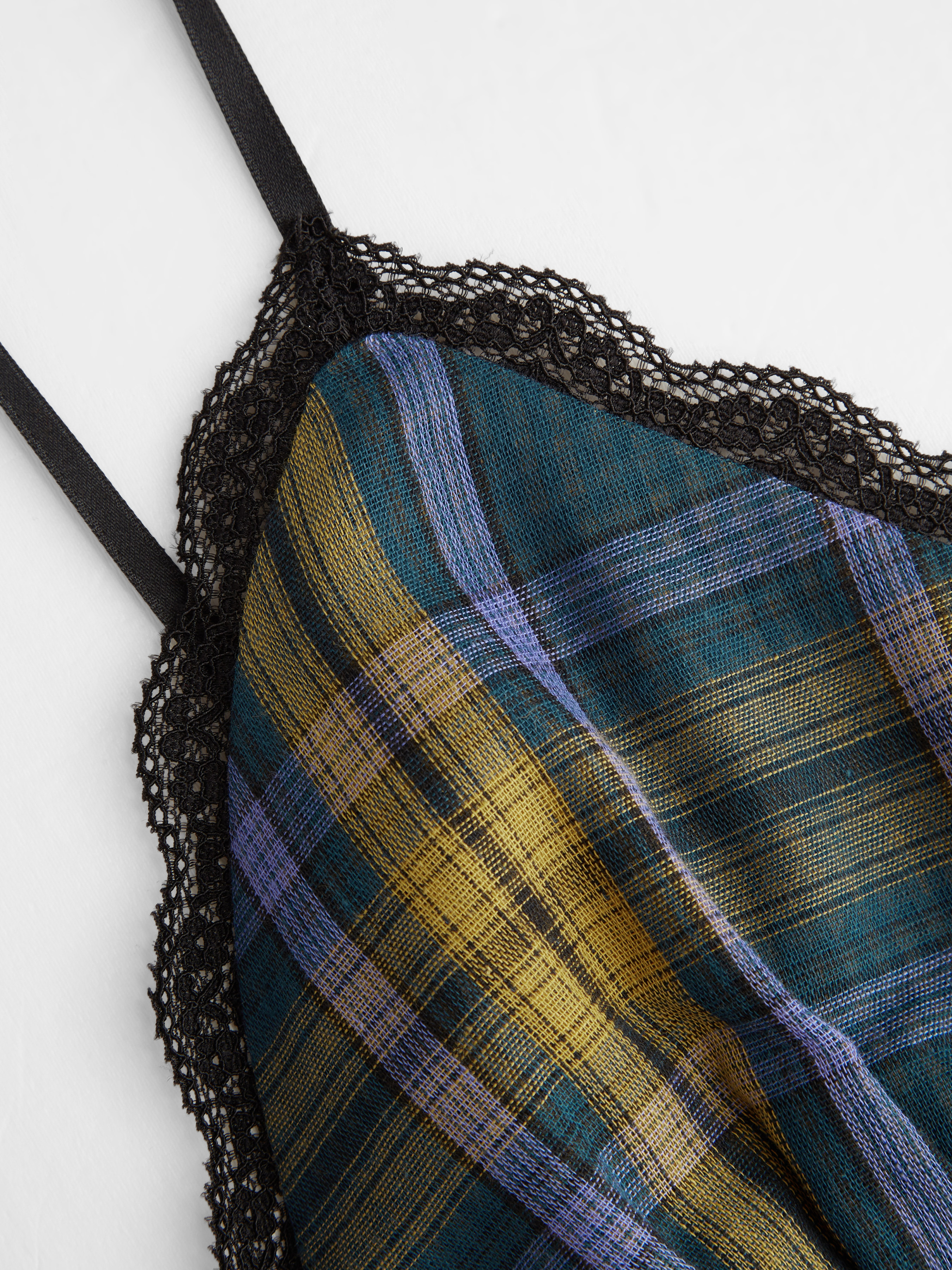 Reversible 100% Cotton Plaid V-neck Contrasting Lace Knotted Cami Top