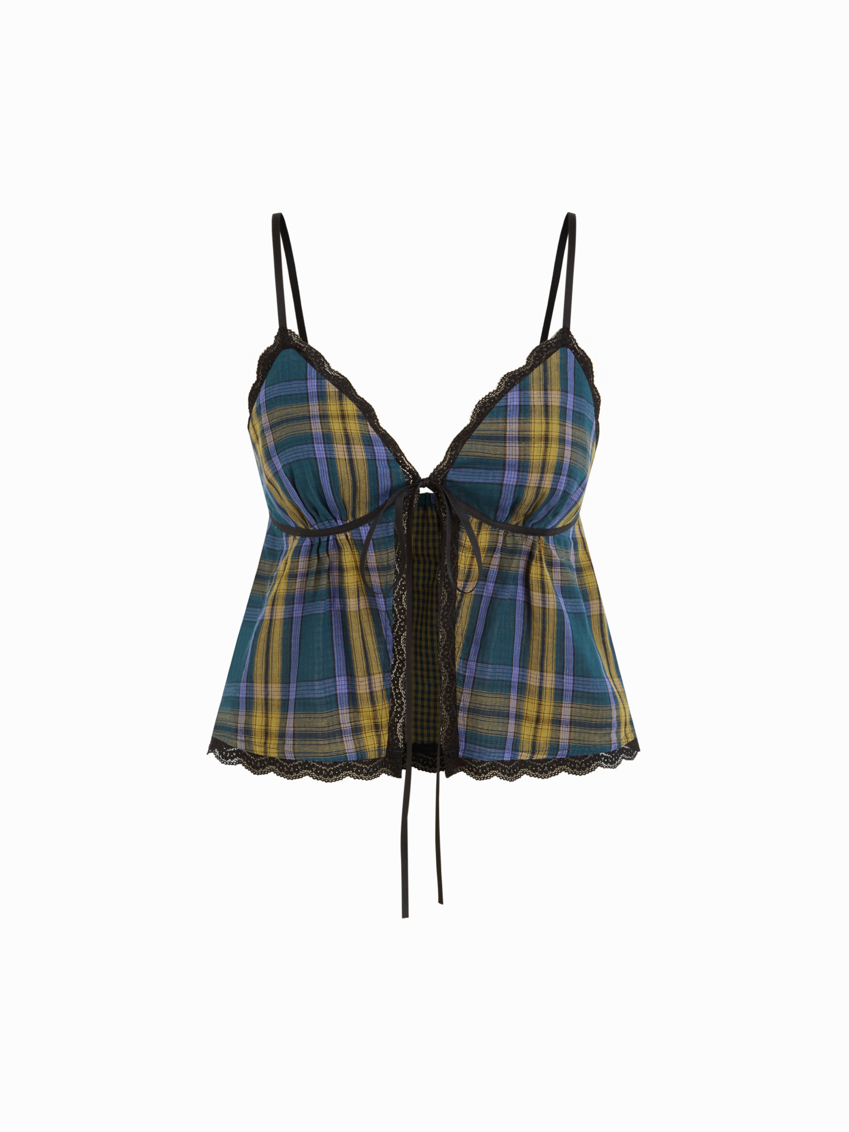 Reversible 100% Cotton Plaid V-neck Contrasting Lace Knotted Cami Top