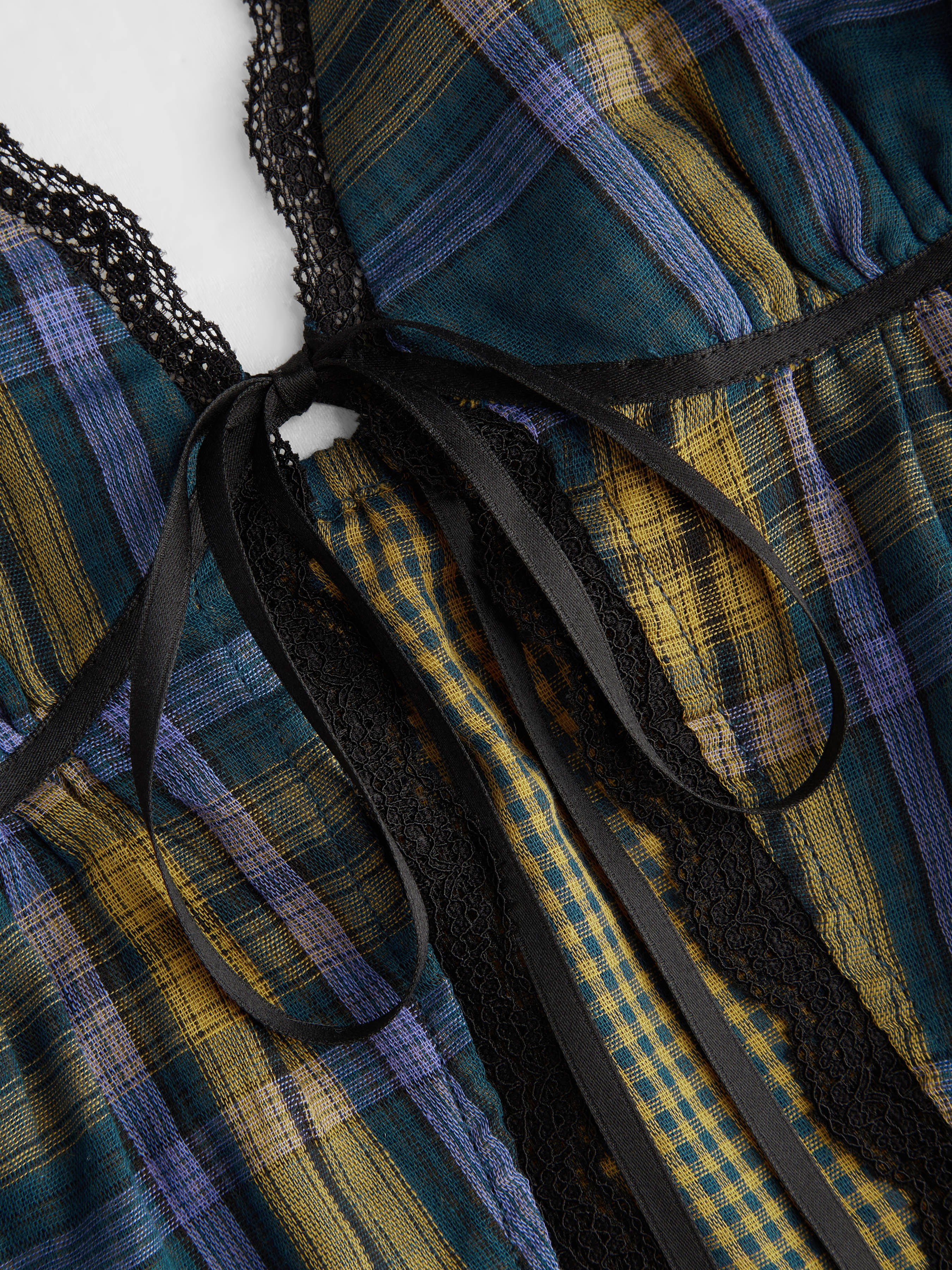 Reversible 100% Cotton Plaid V-neck Contrasting Lace Knotted Cami Top