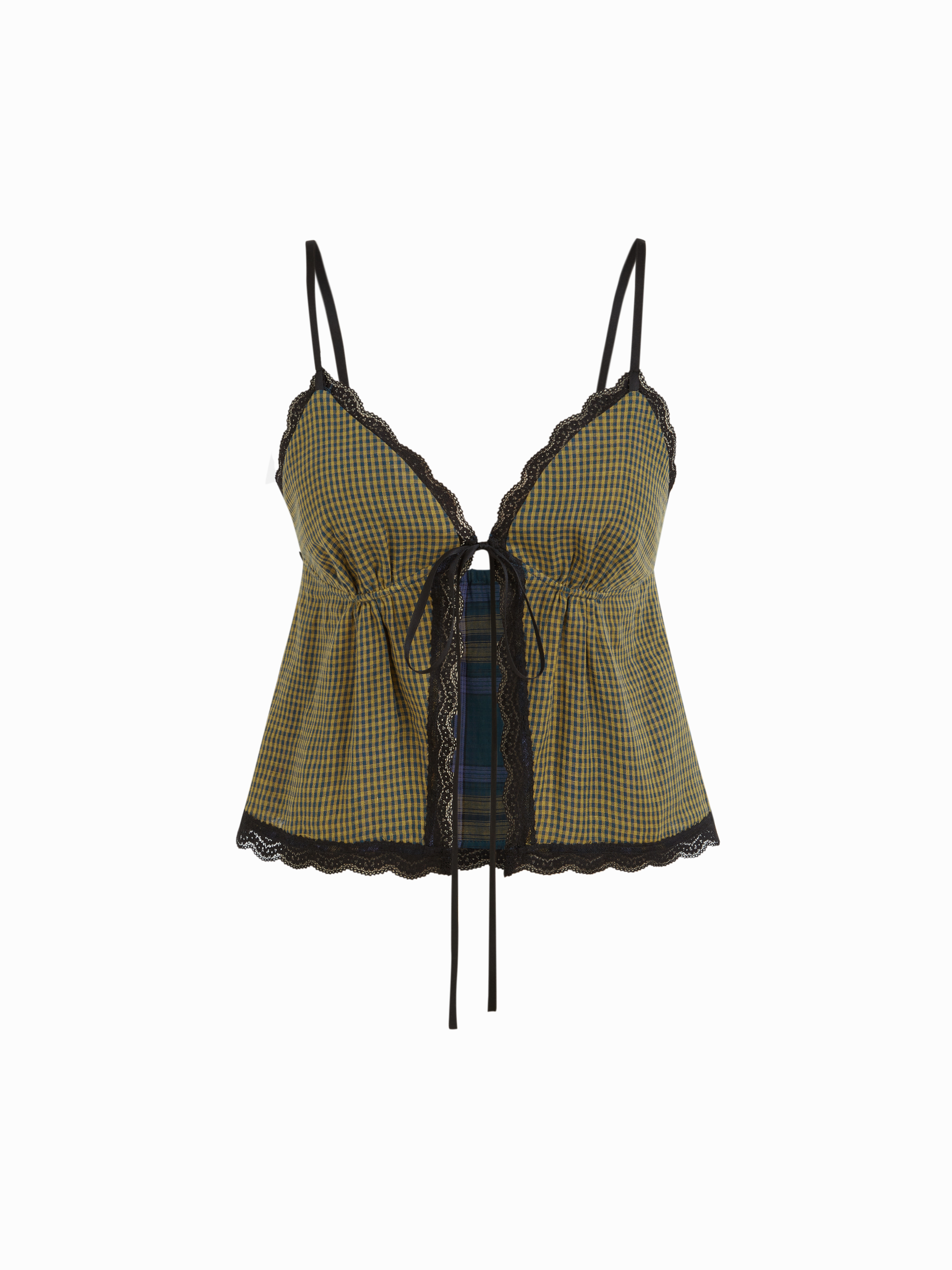 Reversible 100% Cotton Plaid V-neck Contrasting Lace Knotted Cami Top
