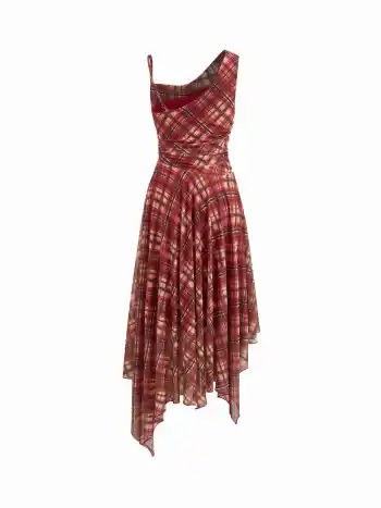 Maxikleid mit Netz, Plaidmuster, asymmetrischem Hals, geriffelten Rüschensaum