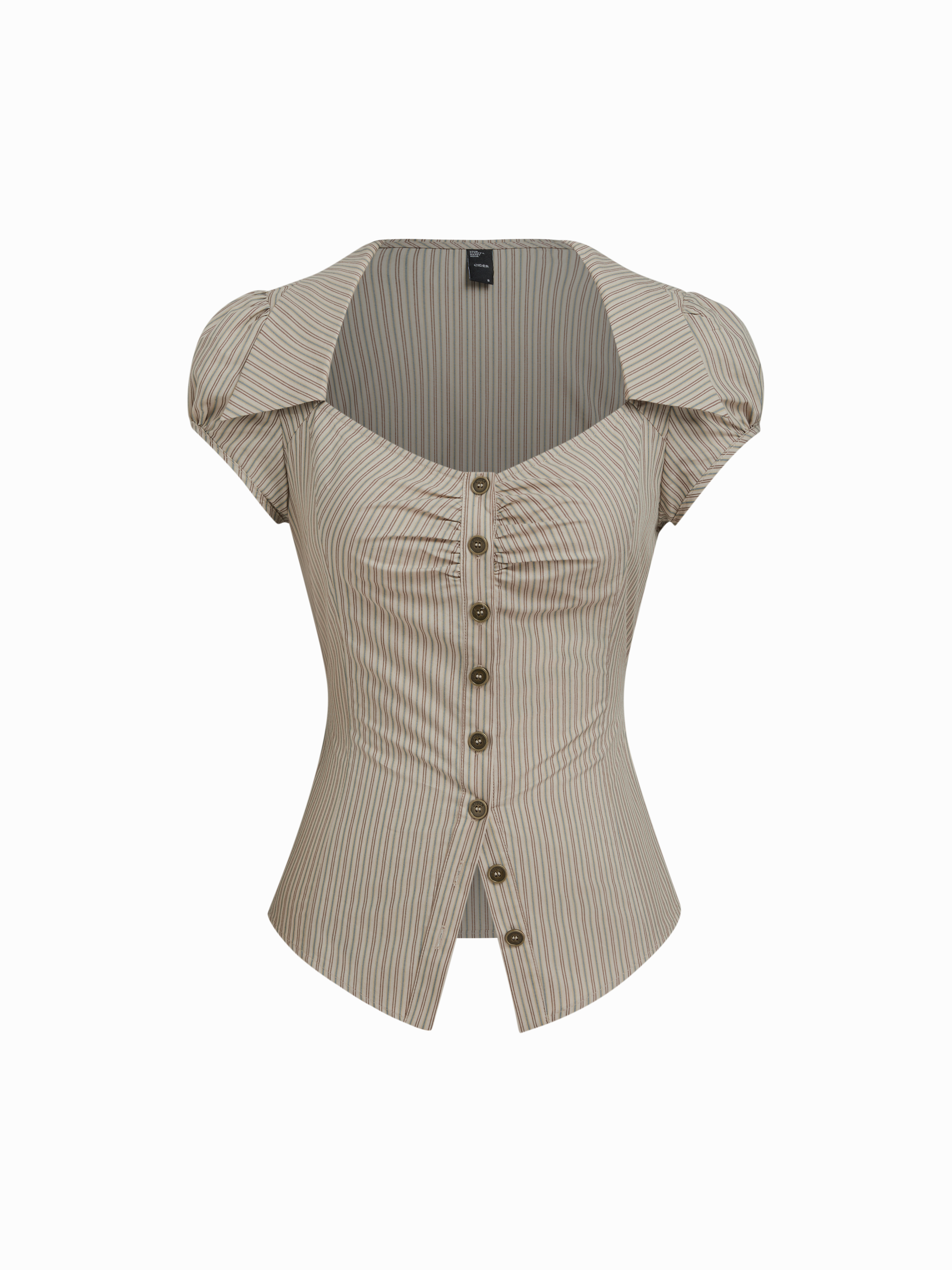 100% Cotton Collar Stripe Belted Short Sleeve Blouse