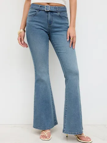 Stretch Cider Denim Low-Rise Flares Jeans mit Gürtel