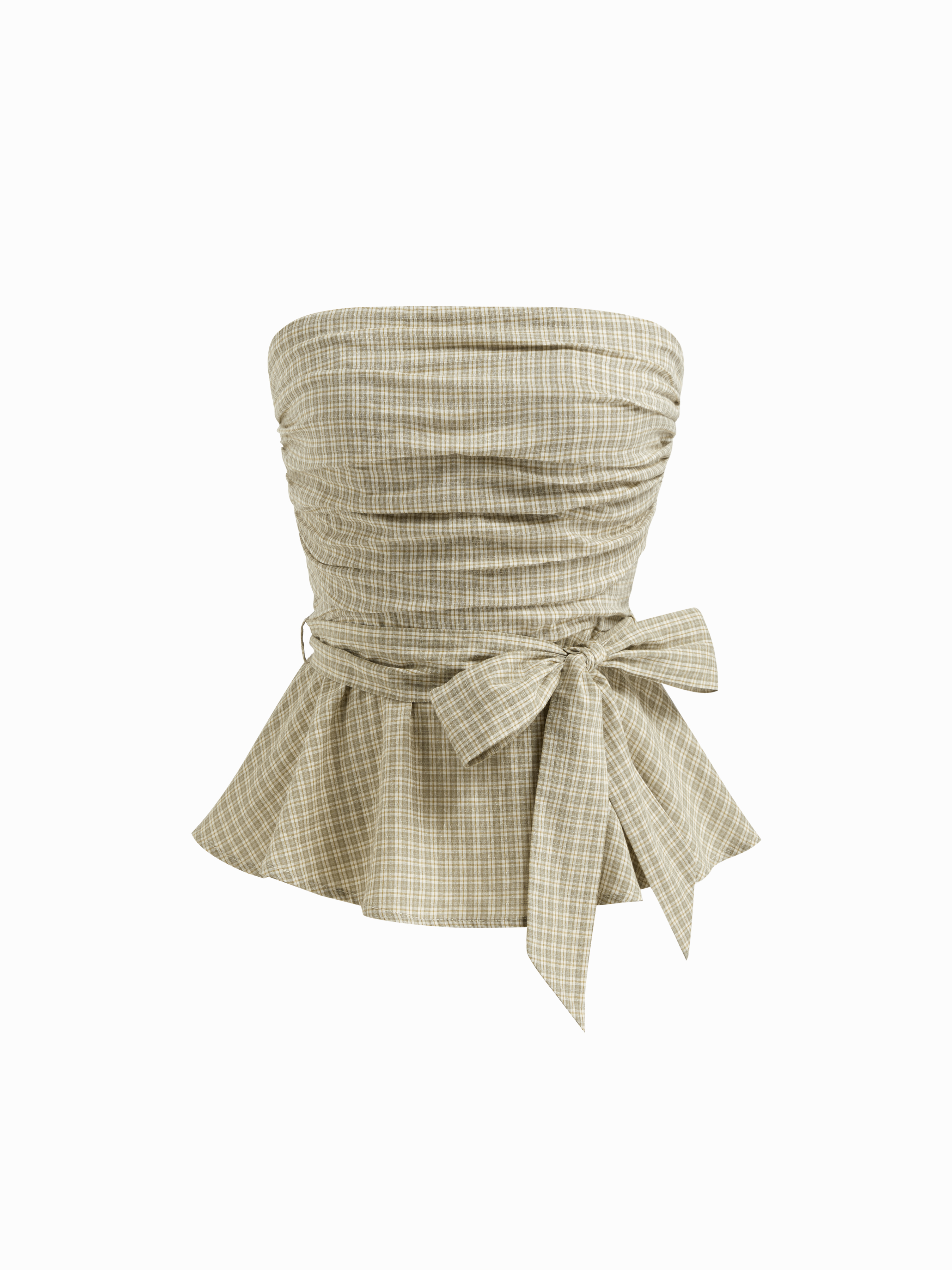 Tissé 100% Cotton Multi-Way Bandeau Check Shirred Ruffle Hem Top For Décontracté quotidien Rencard