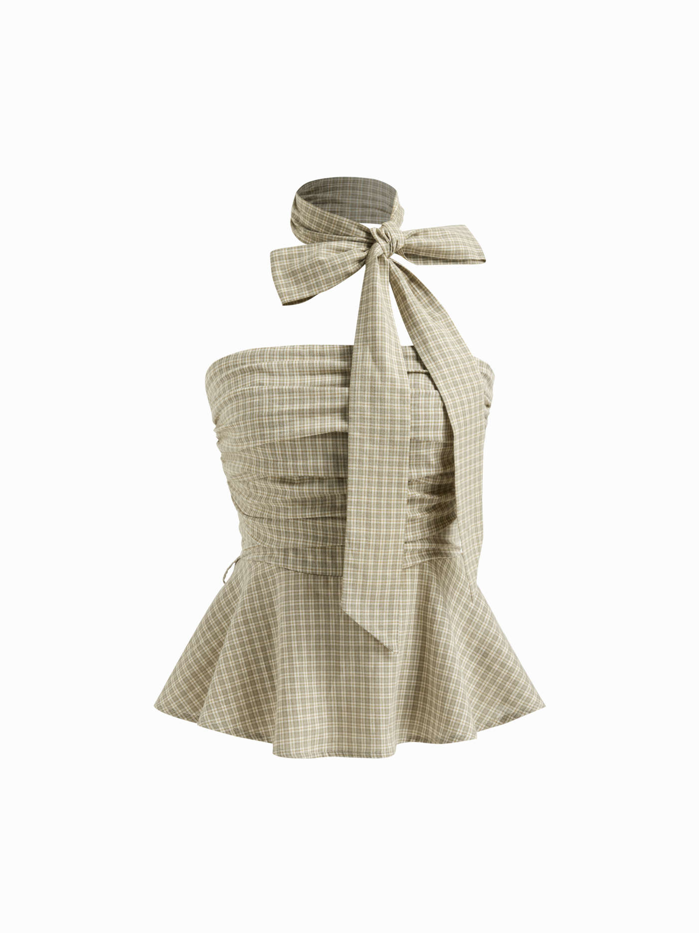 100% Cotton Multi-Way Bandeau Check Shirred Ruffle Hem Top