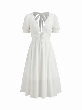 Baumwoll-V-Ausschnitt Blumen-Latschen-Rückenausschnitt-Knoten Maxikleid