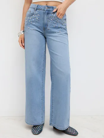 Cider Denim Low Rise Rhinestone Baggy Jeans