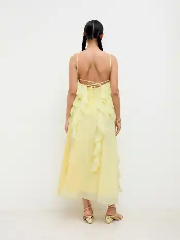 Chiffon V-Hals Rosetten-Raffel Saum Kreuzverschluss Camisole Maxikleid