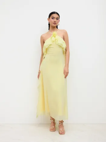 Chiffon V-Hals Rosetten-Raffel Saum Kreuzverschluss Camisole Maxikleid