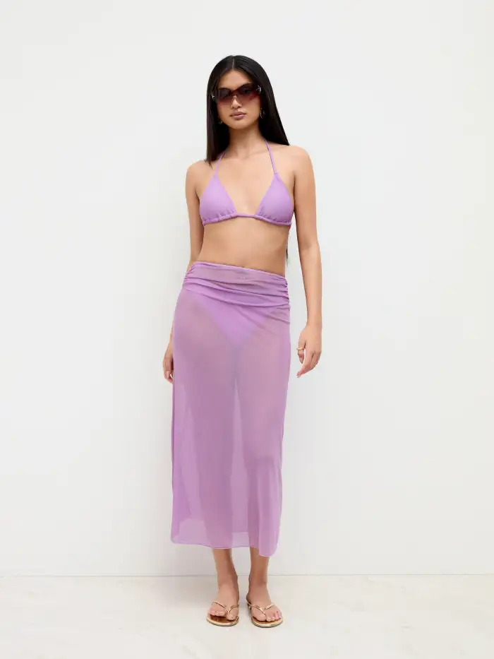 Halter Neckline Knotted Triangle Tie Side Bikini Set With Floral Sarong