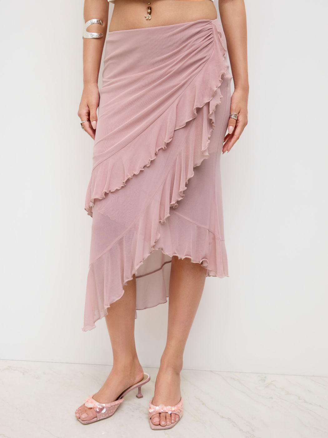 Mesh Mid Rise Ruffle Asymmetrical Hem Midi Skirt