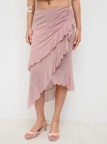 Mesh Mid Rise Ruffle Asymmetrical Hem Midi Skirt