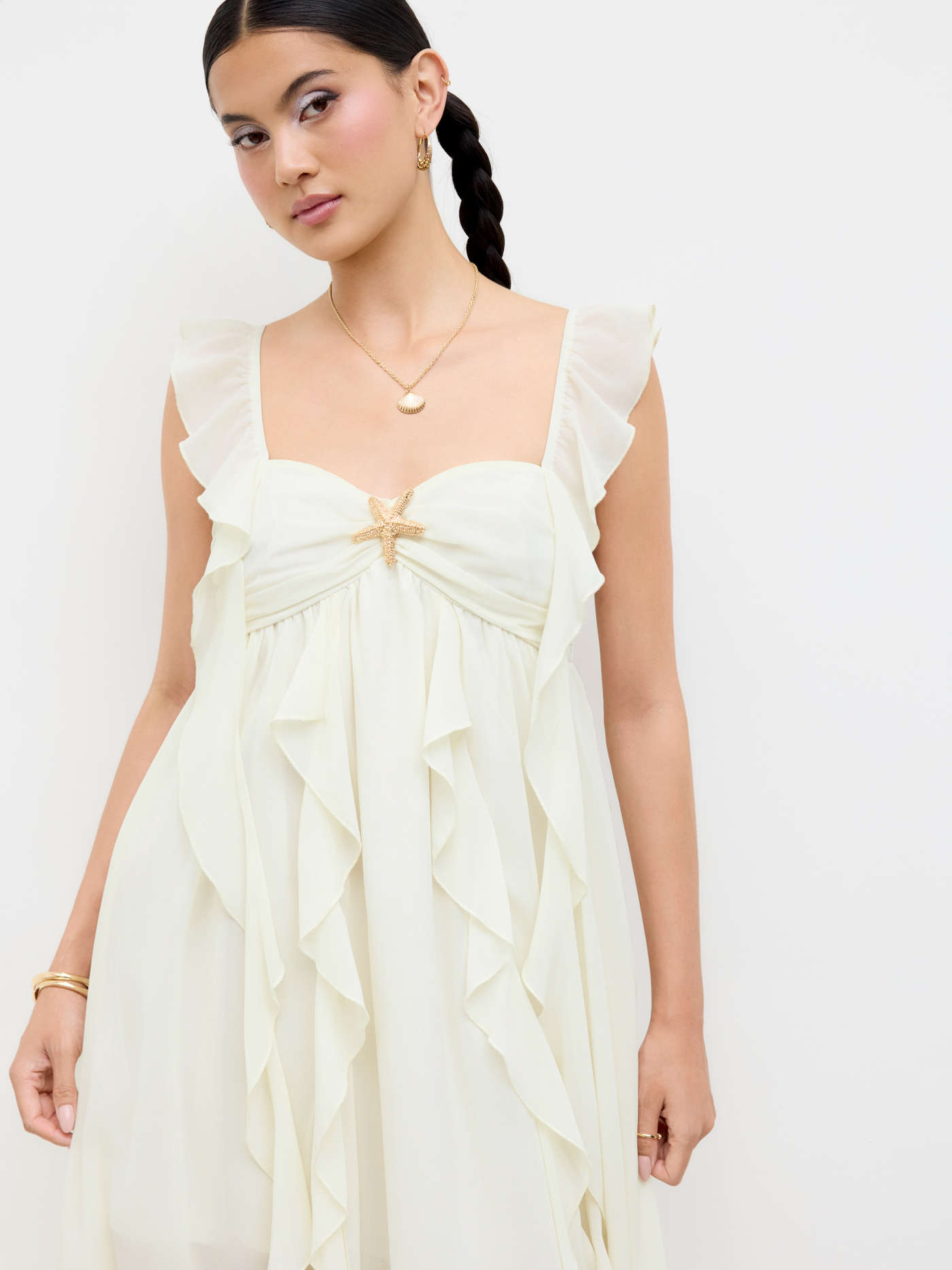 Chiffon Starfish Metal Detail Ruffle Hem Maxi Dresse