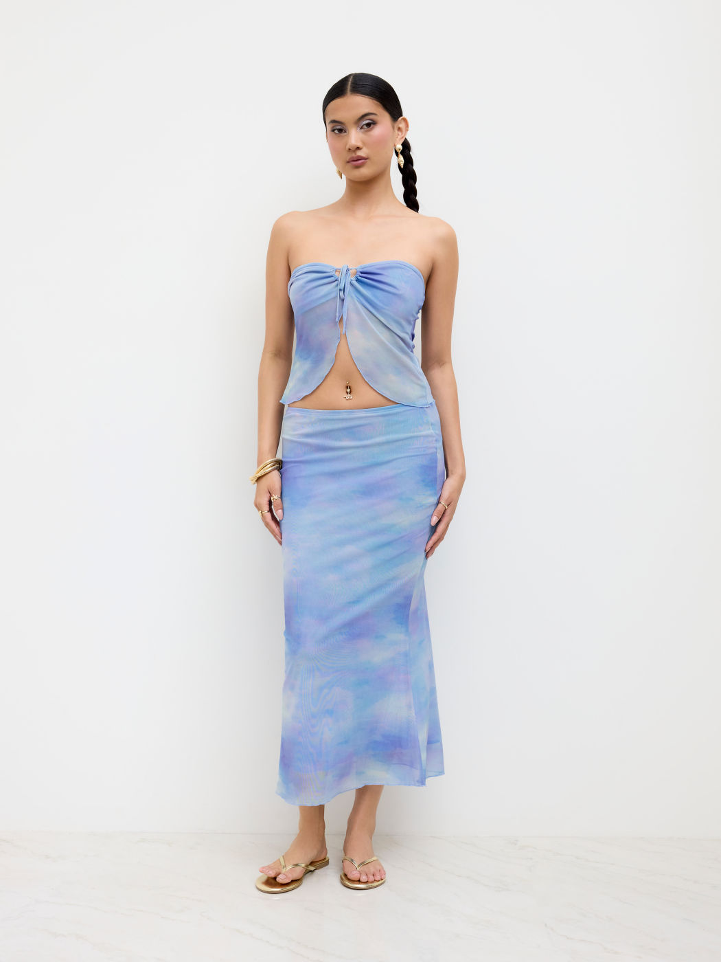 Mesh Illusion Knotted Bandeau Top &  Mid Rise Maxi Skirt Set