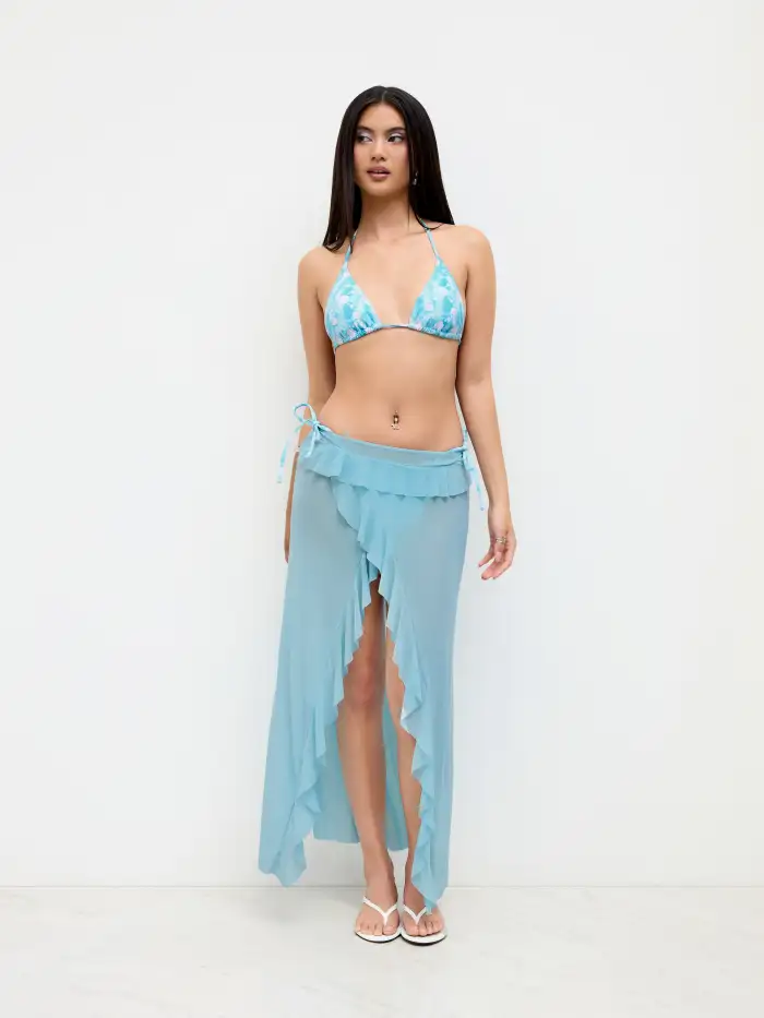 Halter Neckline Knotted Triangle Tie Side Bikini Set With Floral Sarong