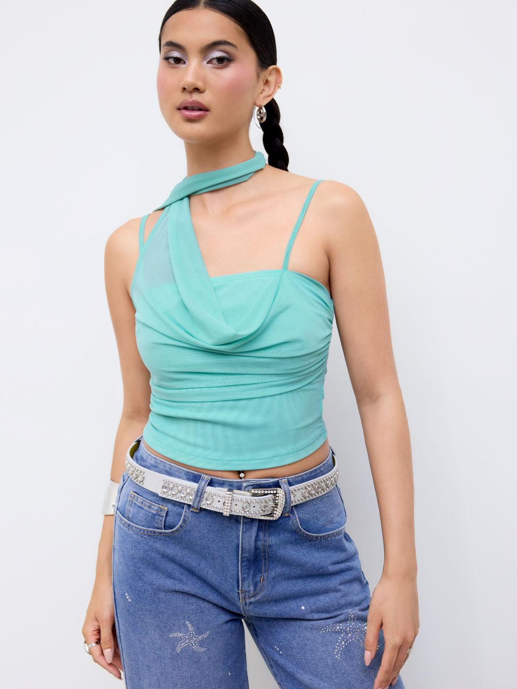 Mesh Halter Neckline Ruched Cami Top