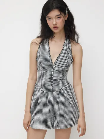 Gingham-Halter-Halsausschnitt-Strampler
