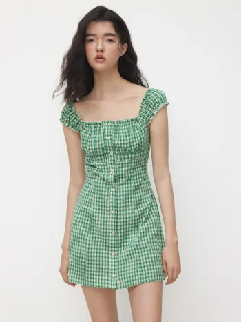 Cotton-blend Square Neck Gingham Ruched Shirred Mini Dress