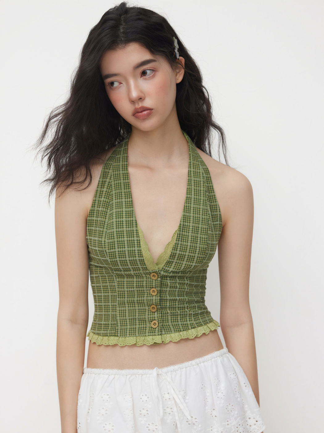 Halter Neckline Check Lace Trim Shirred Crop Blouse