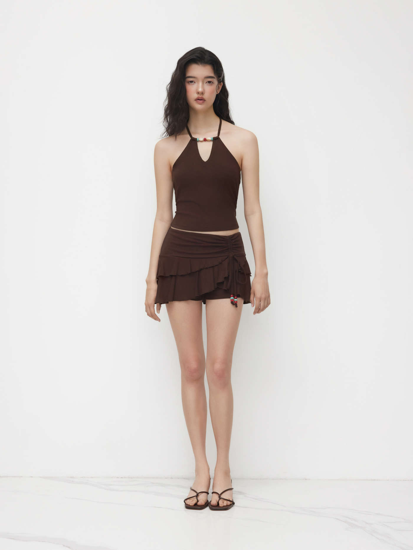 Halter Neckline Beaded Cami Top & Low Rise Drawstring Mini Skort Set