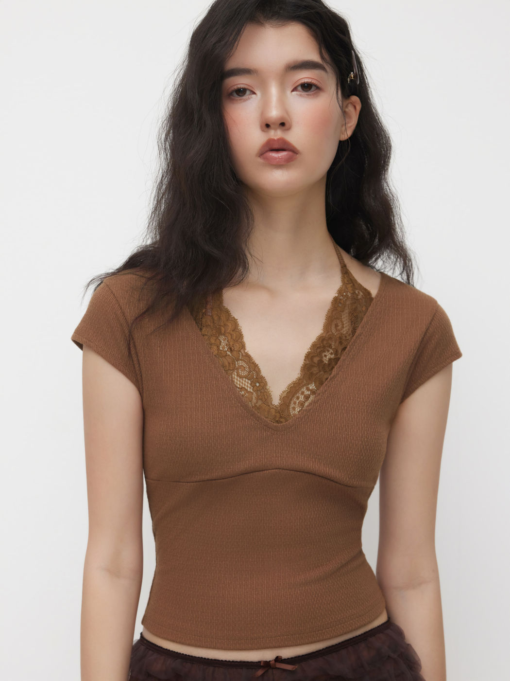  Halter Neckline Short Sleeve Contrasting Lace Top