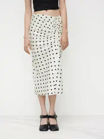 Midi-Skirt mit Mittelhöhe, Polka-Dots, Rüschen, Knoten und Schlitz