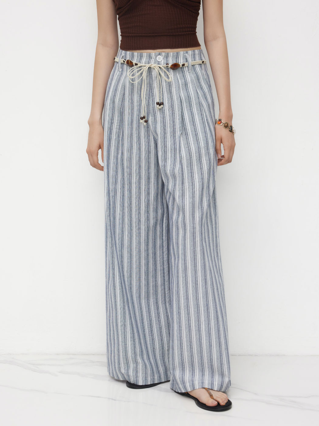 Cotton-blend Mid Rise Stripe Beaded Wide Leg Trousers