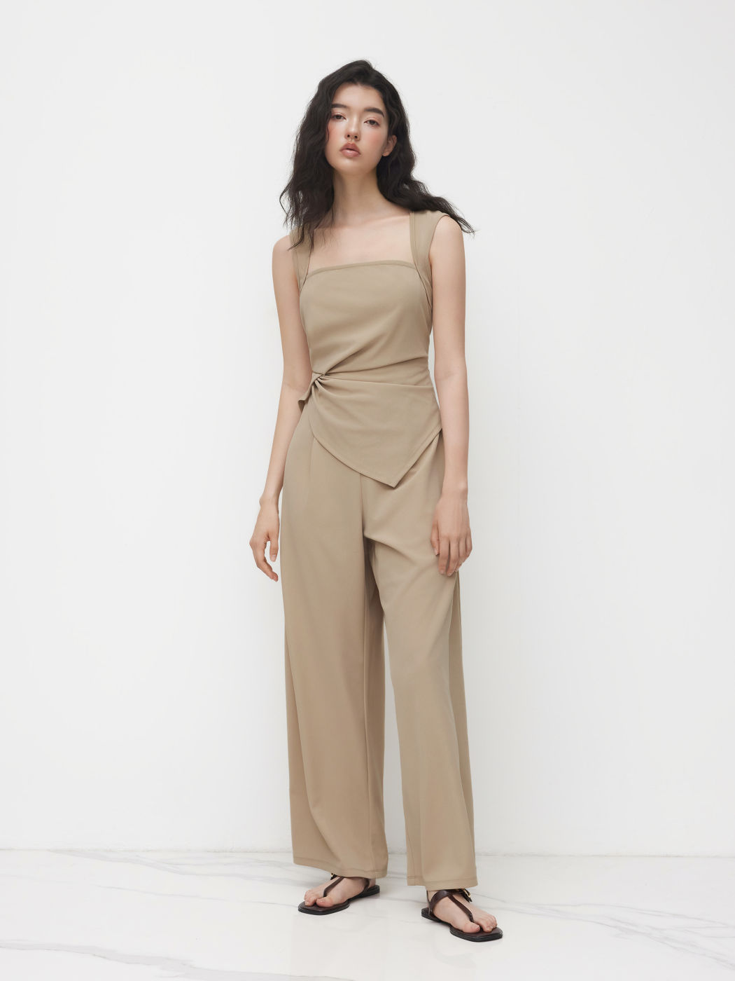 Square Neck Asymmetrical Hem Ruched Jumpsuit