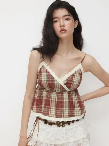 100% Baumwoll-Karo-Cami-Top mit englischer Spitze