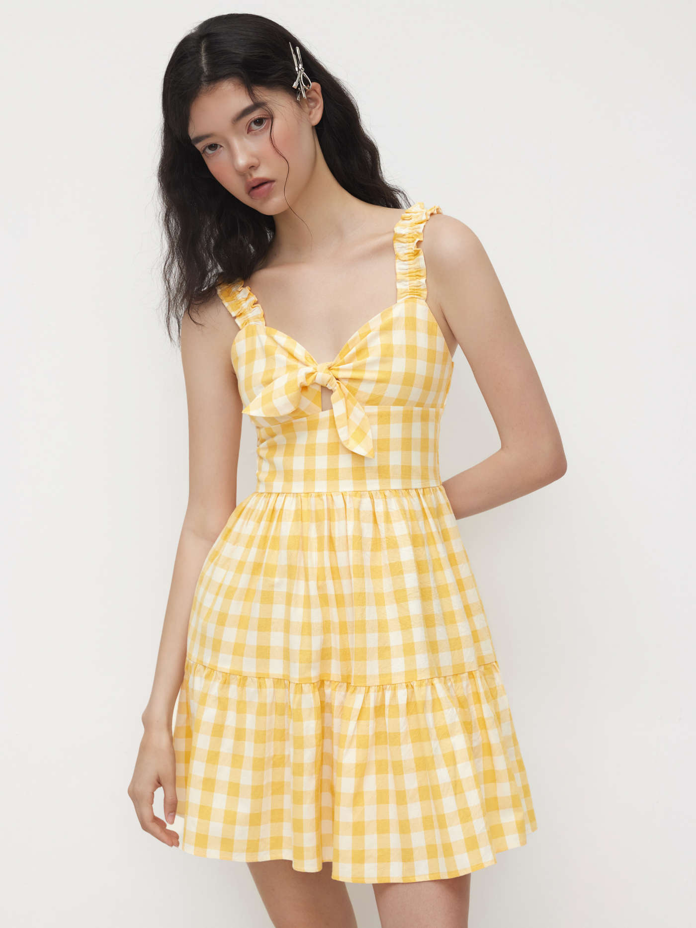 100% Cotton Gingham Sweetheart Neck Bowknot Cami Mini Dress