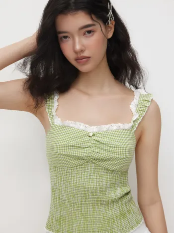 Baumwollmischung Gingham Sweetheart-Halsausschnitt Shirred Broderie Anglaise Rand Crop Top