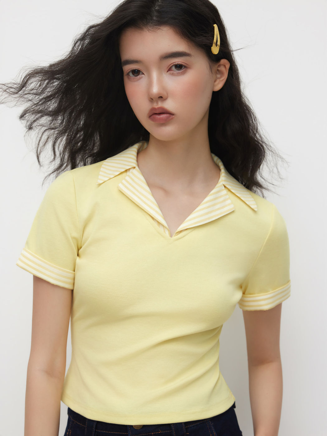 Cotton-blend Collar Stripe Patched Short Sleeve Top