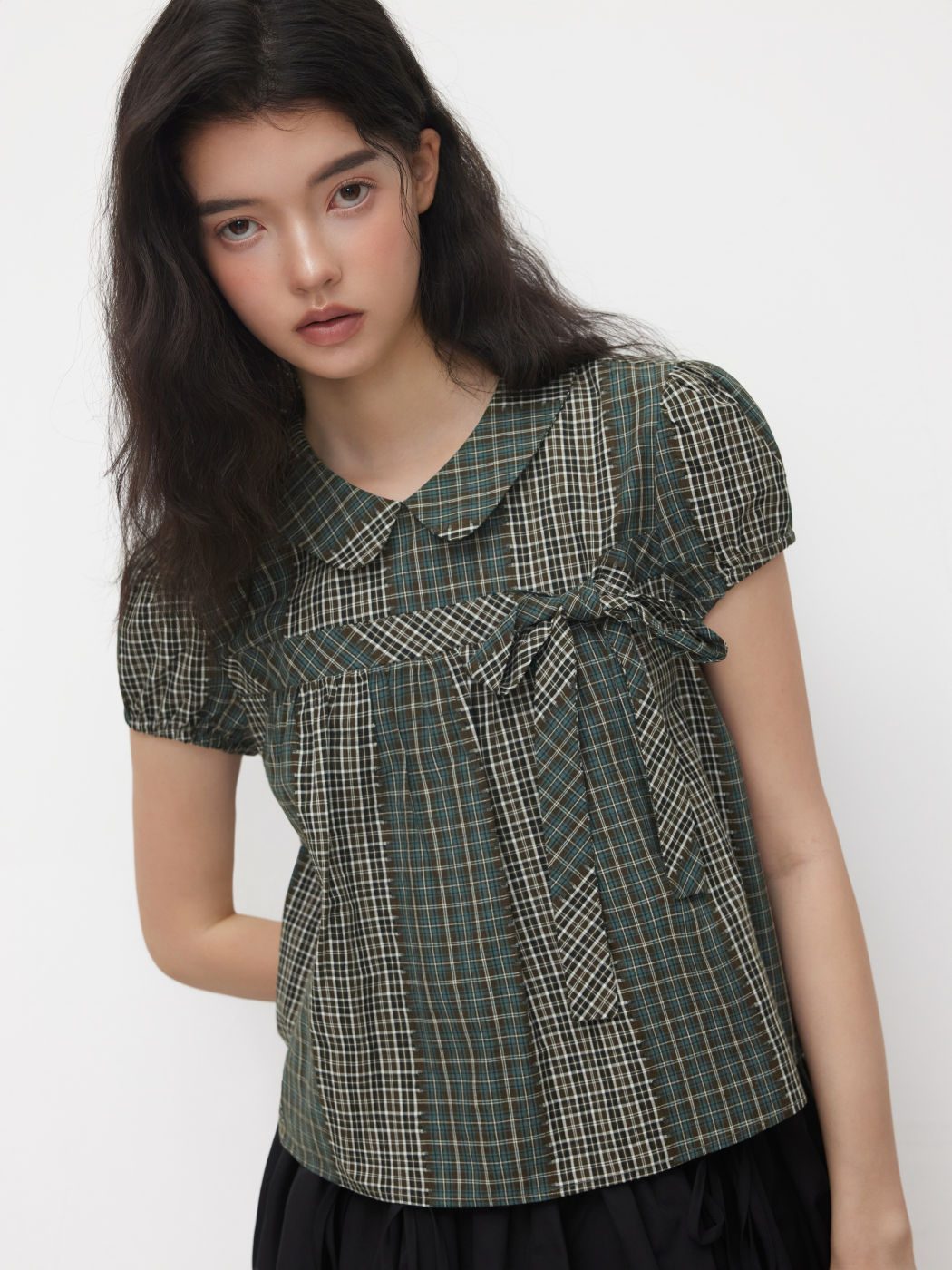 100% Cotton Peter Pan Collar Check Bowknot Oversized Blouse