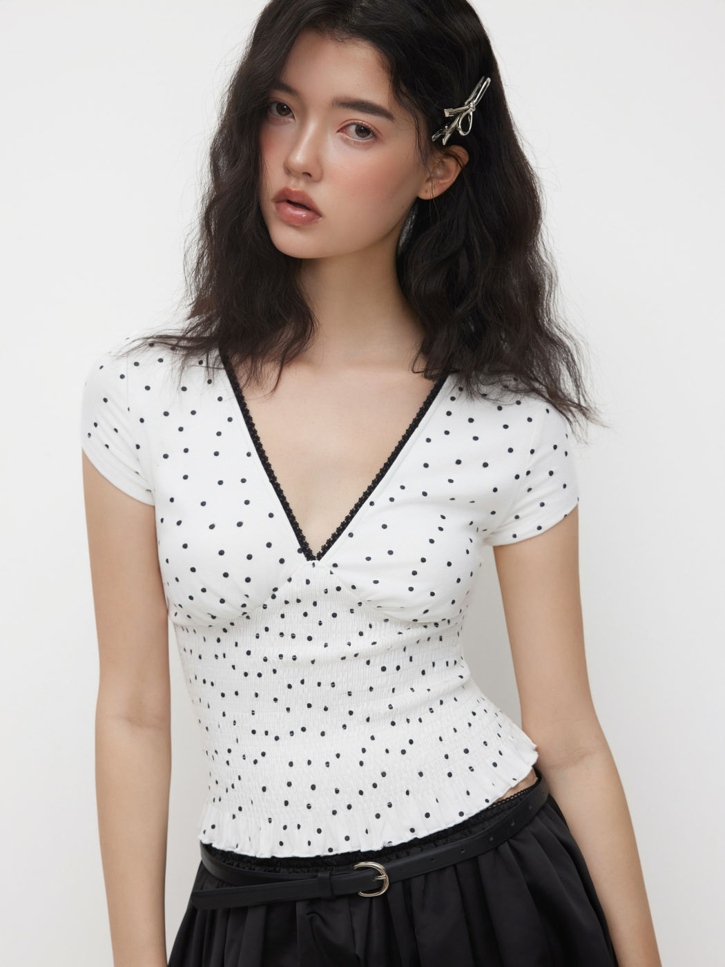 Cotton-blend V-neck Polka Dot Lace Trim Shirred Top