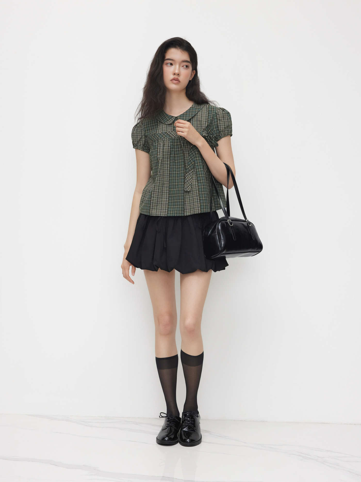 100% Cotton Peter Pan Collar Check Bowknot Oversized Blouse