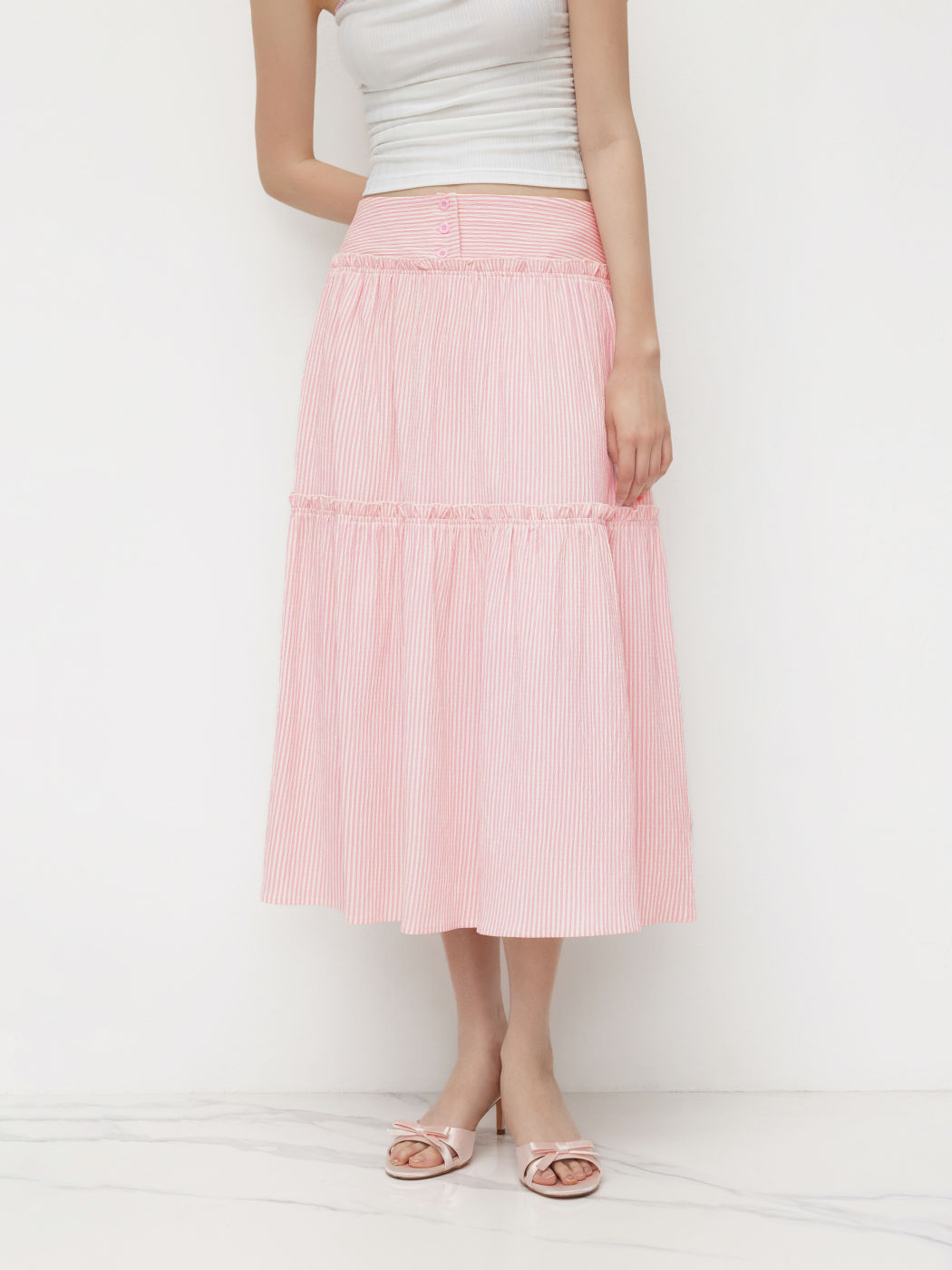 Mid Rise Stripe Lettuce Trim Tiered Ruffle Maxi Skirt