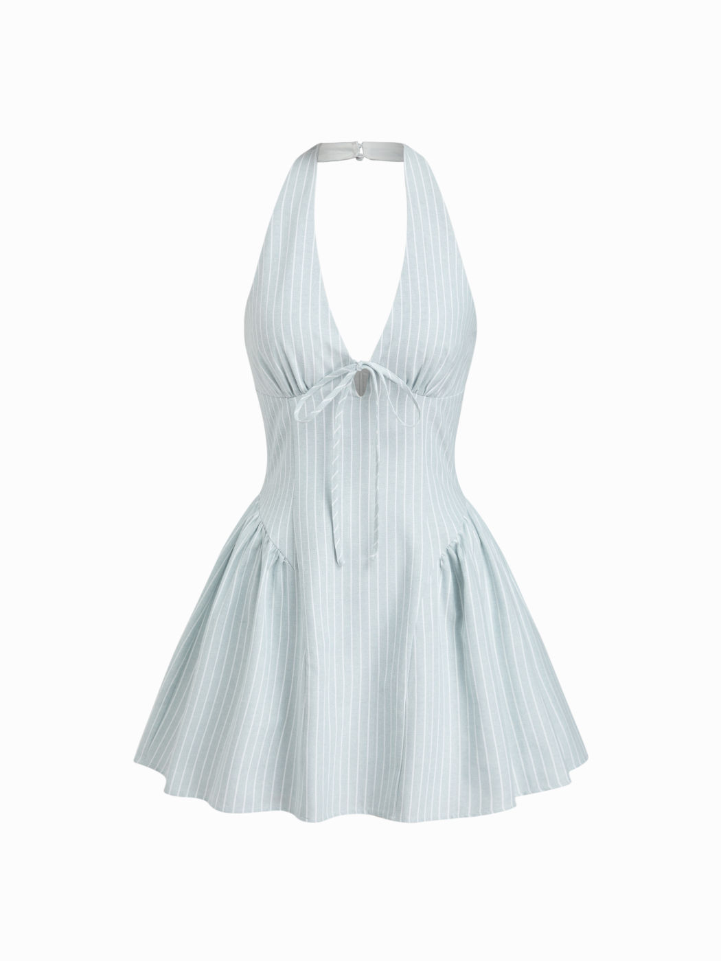Cotton-blend Halter Neckline Striped Knotted Mini Dress