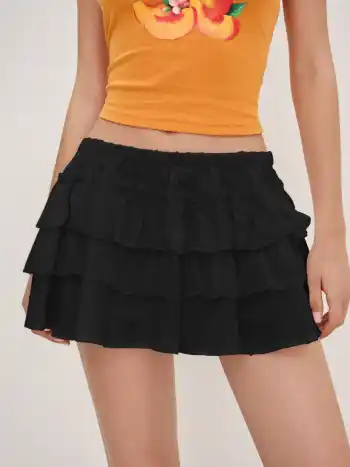 100% Baumwolle Mid-Rise Englisches Stickerei-Layered Mini-Skirt