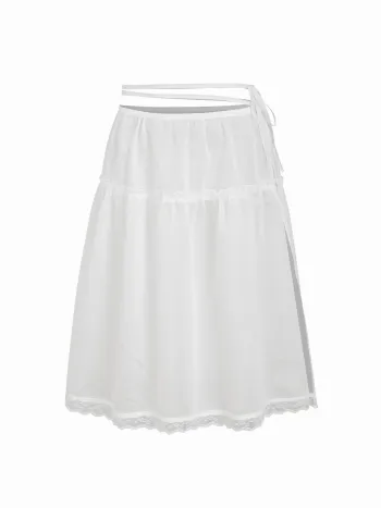 Midi-Skirt mit Mittlerer Hüfte, Bänderung, Seitenaufschluss, Spitzenrand und durchscheinendem Stoff