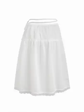 Midi-Skirt mit Mittlerer Hüfte, Bänderung, Seitenaufschluss, Spitzenrand und durchscheinendem Stoff