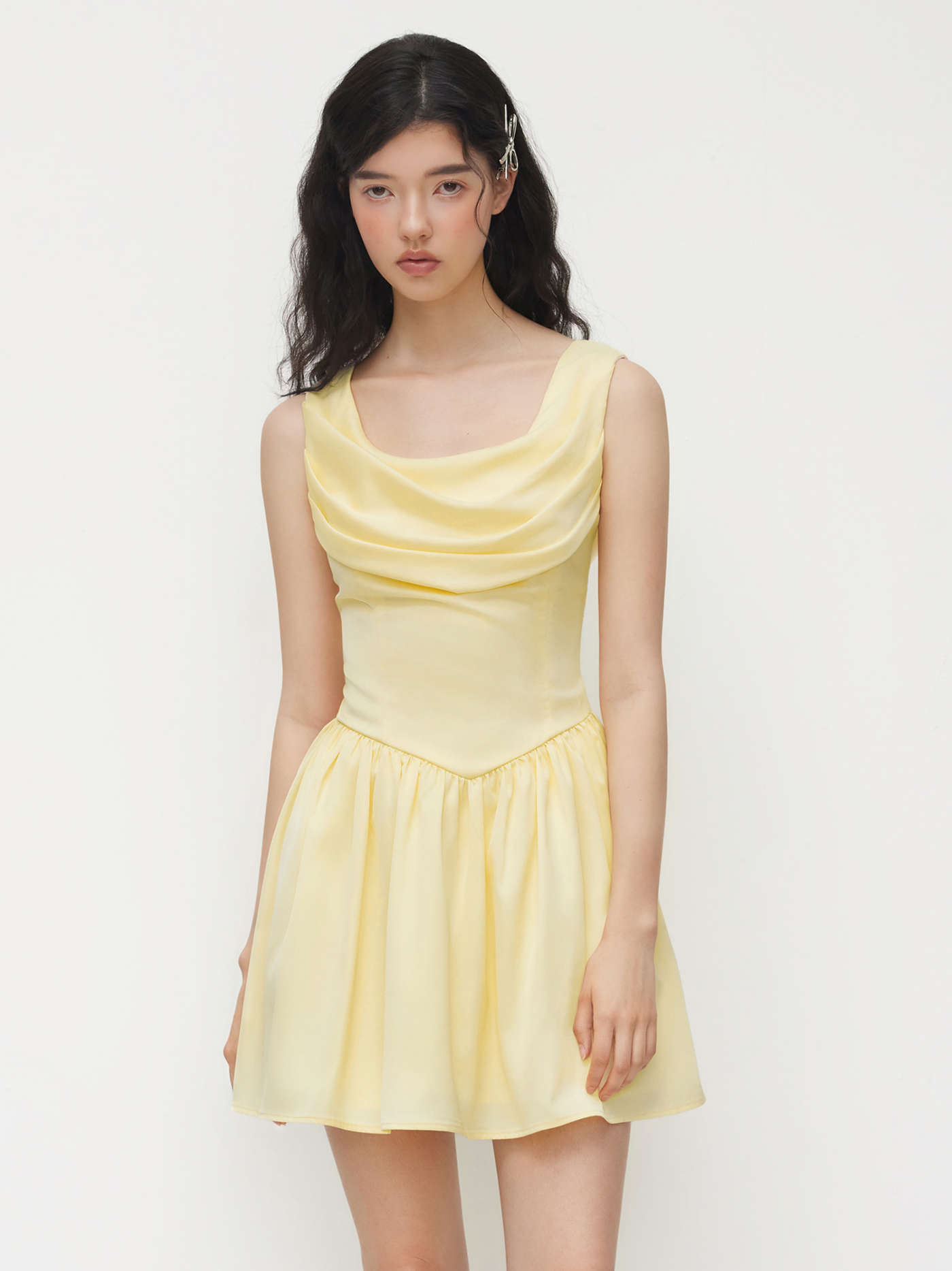 Cowl Neck Ruffle Lace Up Mini Dress