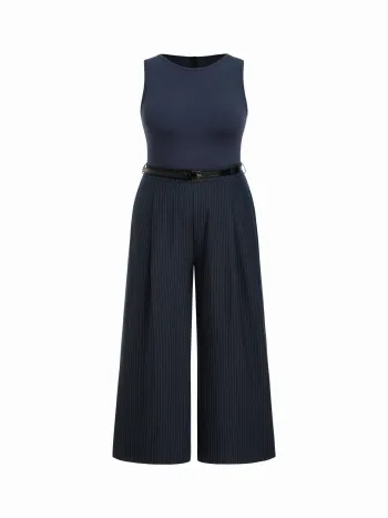 Rundhals Streifen-Patch-Taschen-Jumpsuit mit Gürtel Kurve & Plus
