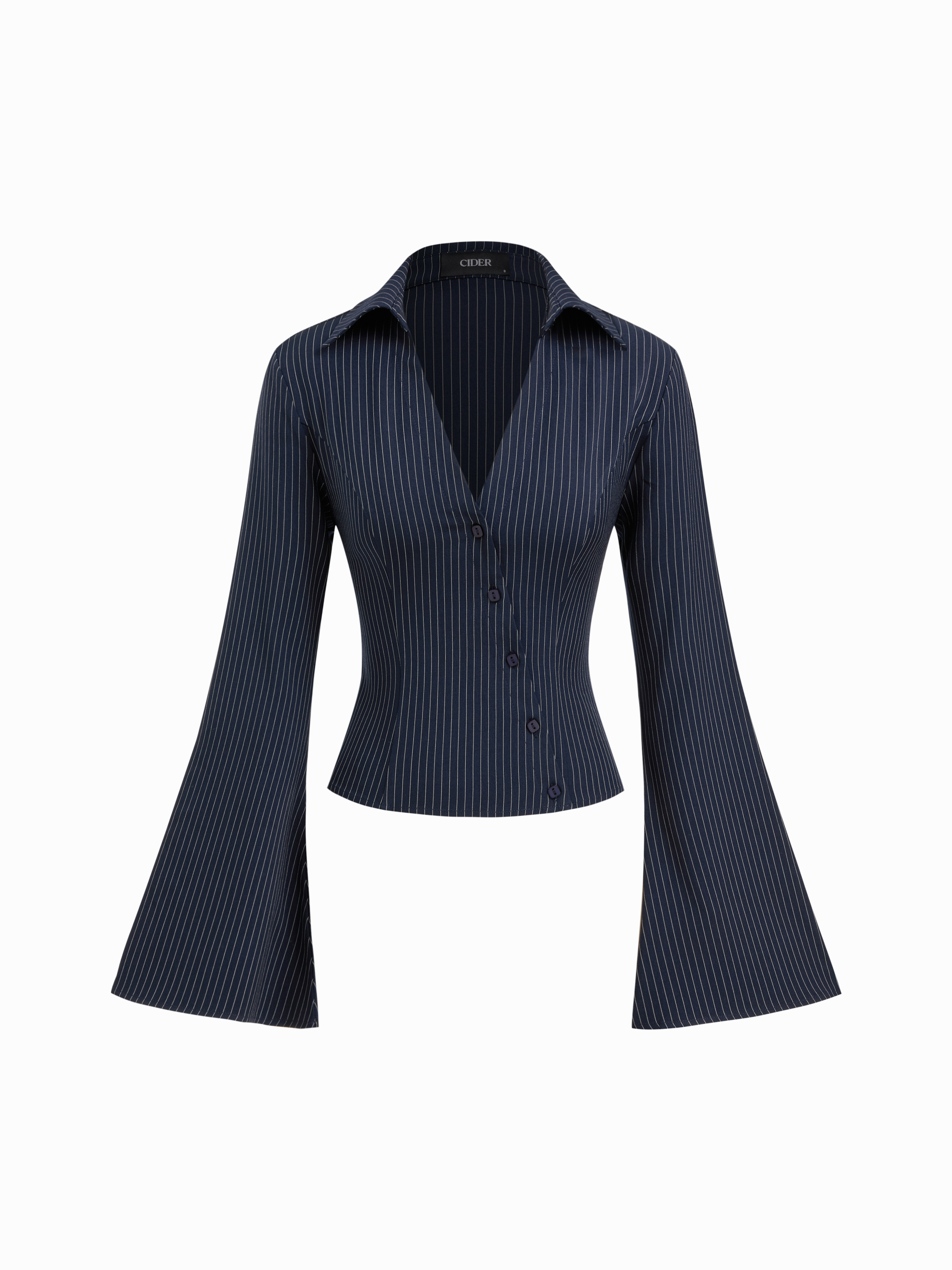 Chemise à col rayé, en V, manches cloche, asymétrique et boutonnée