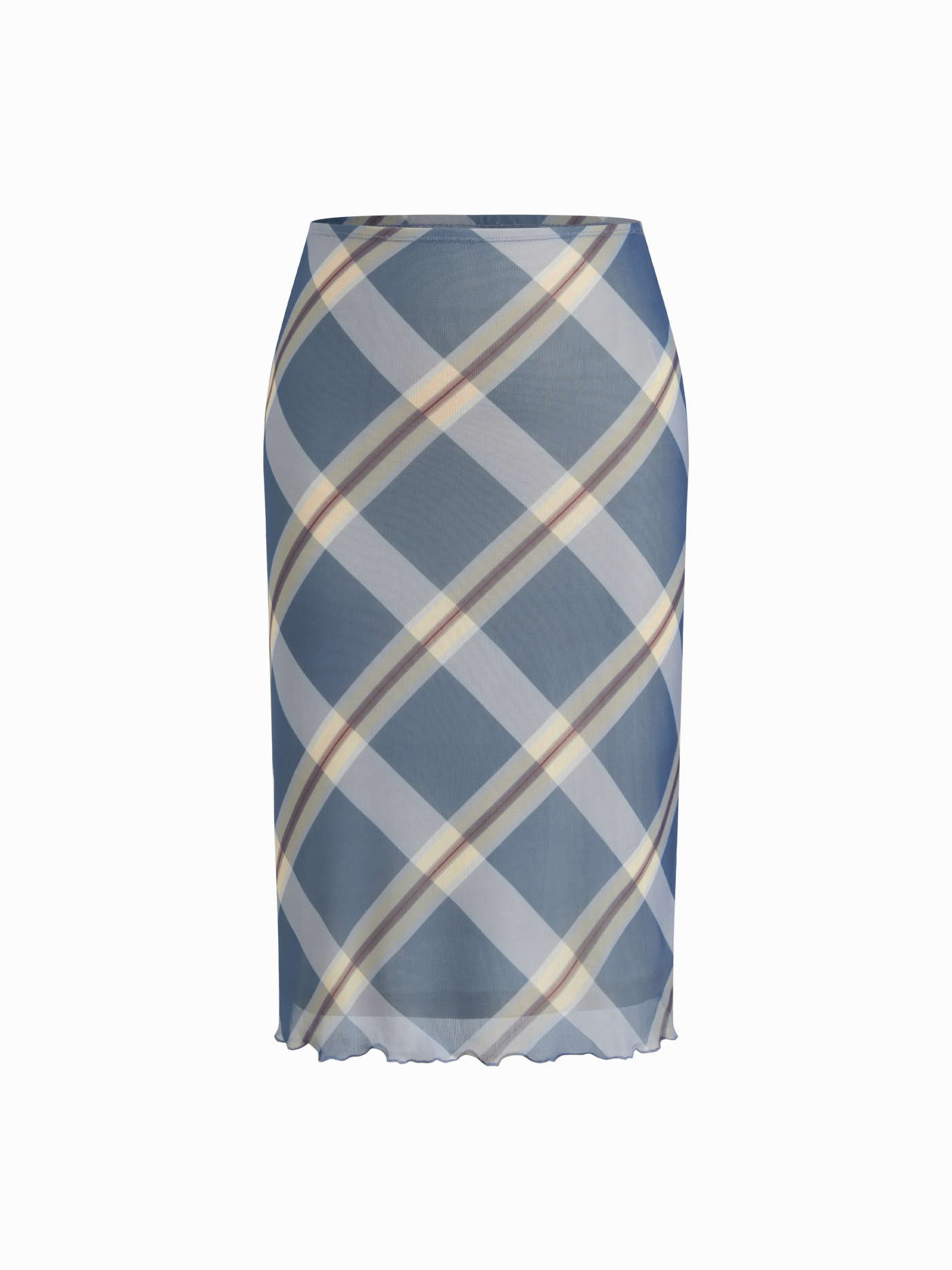 Mesh Mid Rise Tartan Lettuce Trim Midi Skirt